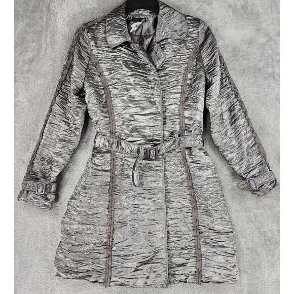 Misko Jacket Womens Medium Silver Snap Belted Long Sleeve Crinkled Retro 90s Y2K - Picture 1 of 10